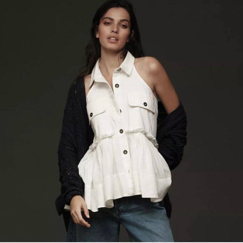 Anthropologie Pilcro Peplum Tiered Button Front Tunic Blouse White NWOT - Small